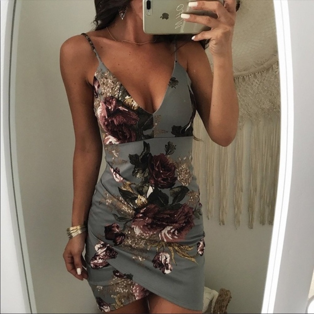 Sexy Bodycon Dress Gray Flower Cocktail Party - Picture 2 of 4